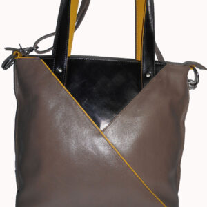 Colorblock Leather Tote Bag – Brown, Black & Mustard