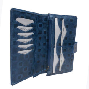 Vintage Blue Square-Embossed Leather Organizer Wallet