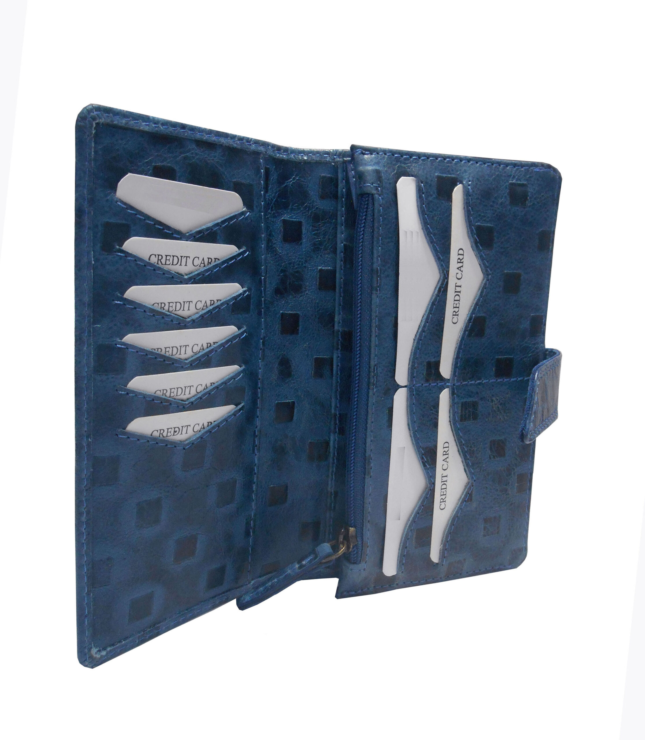 Vintage Blue Square-Embossed Leather Organizer Wallet