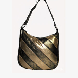 Metallic Diagonal Panel Leather Shoulder Bag – Black & Gold