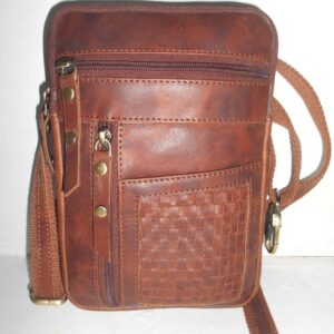 Vintage Distressed Leather Crossbody Messenger Bag with Woven Detail