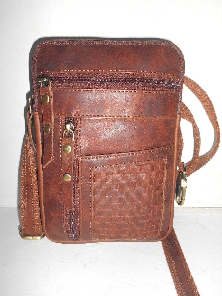 Vintage Distressed Leather Crossbody Messenger Bag with Woven Detail