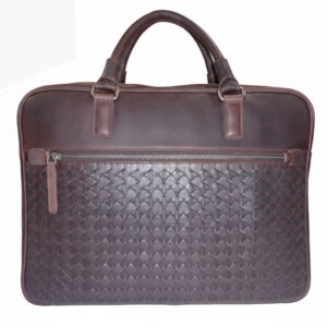 Woven Panel Leather Laptop Bag – Dark Brown